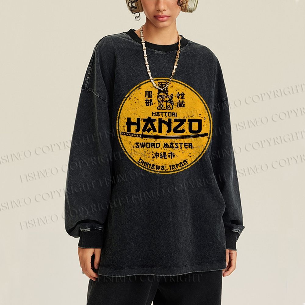 Unisex Casual Washed Hattori Hanzo Printed Long Sleeve T-shirt