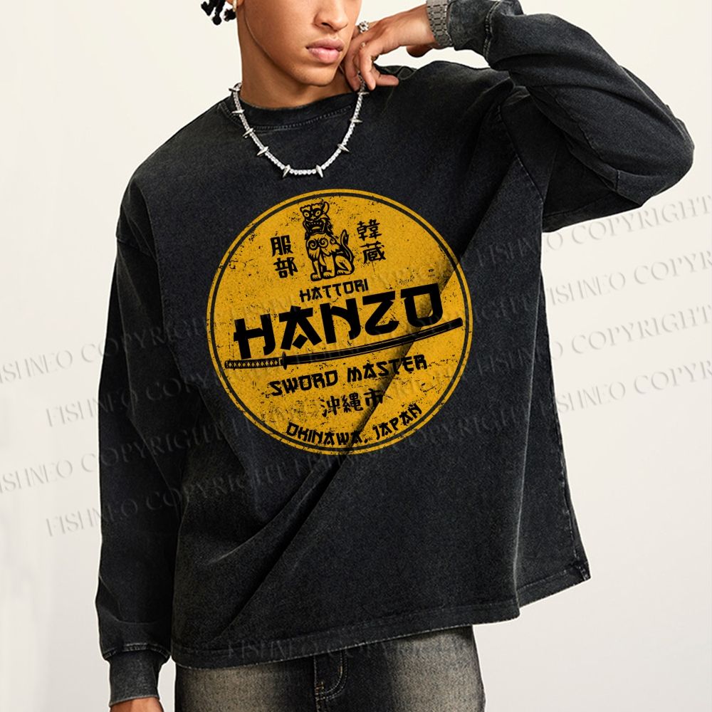 Unisex Casual Washed Hattori Hanzo Printed Long Sleeve T-shirt