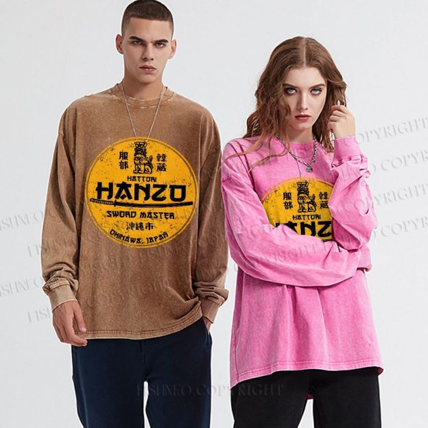 Unisex Casual Washed Hattori Hanzo Printed Long Sleeve T-shirt