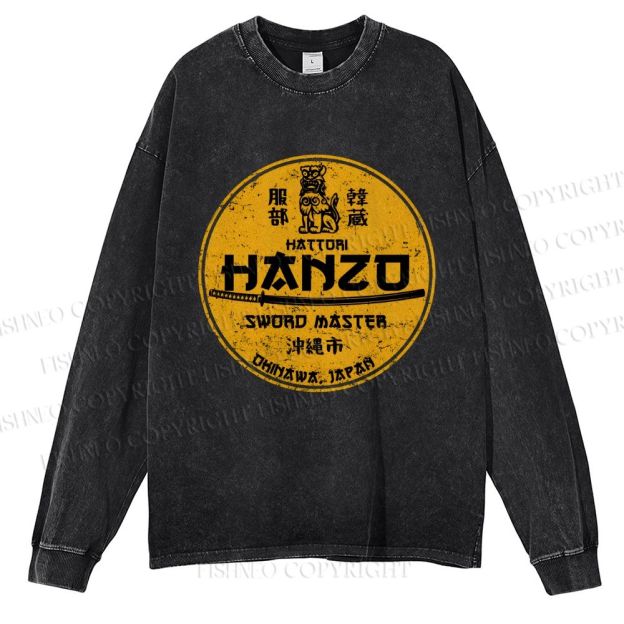 Unisex Casual Washed Hattori Hanzo Printed Long Sleeve T-shirt