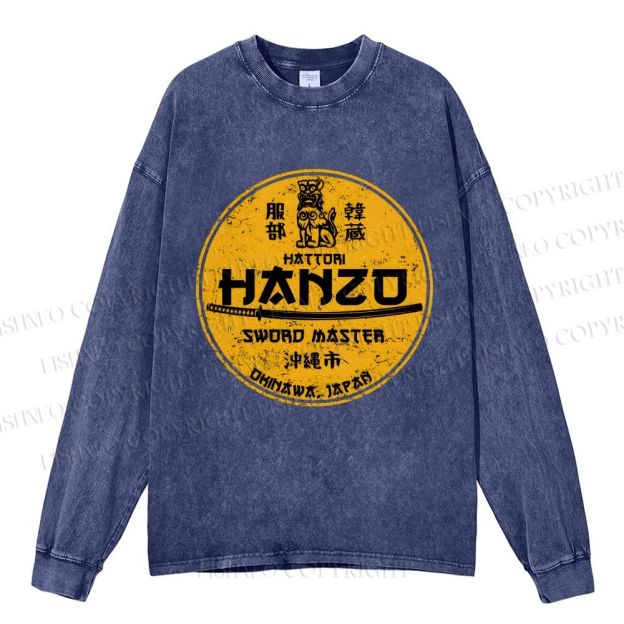 Unisex Casual Washed Hattori Hanzo Printed Long Sleeve T-shirt