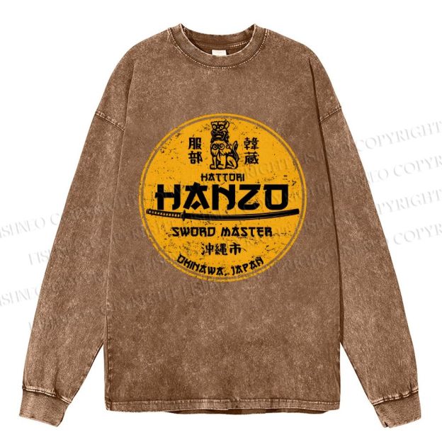 Unisex Casual Washed Hattori Hanzo Printed Long Sleeve T-shirt