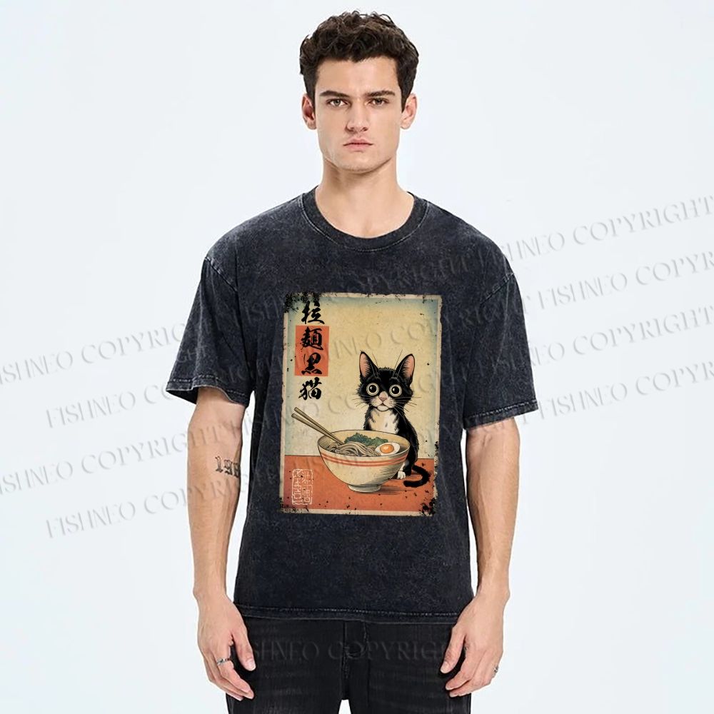 Unisex Ramen Black Cat Printed Washed Tee