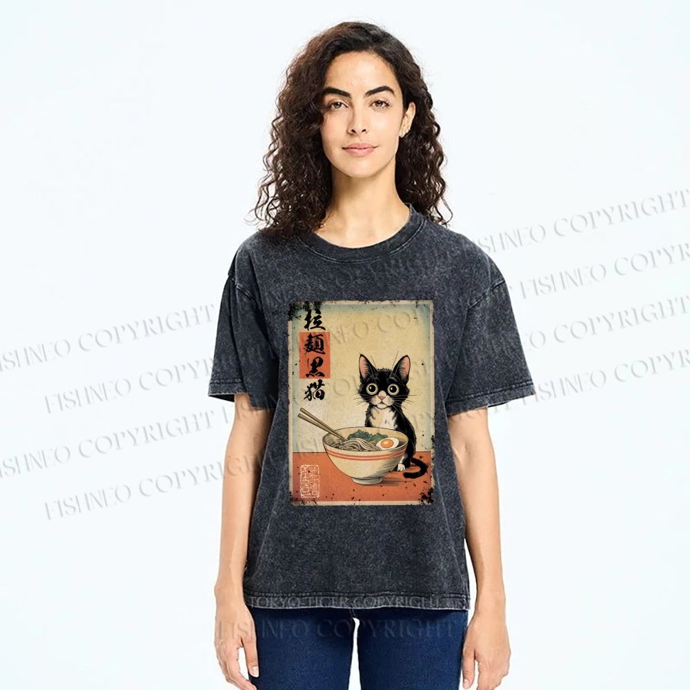 Unisex Ramen Black Cat Printed Washed Tee