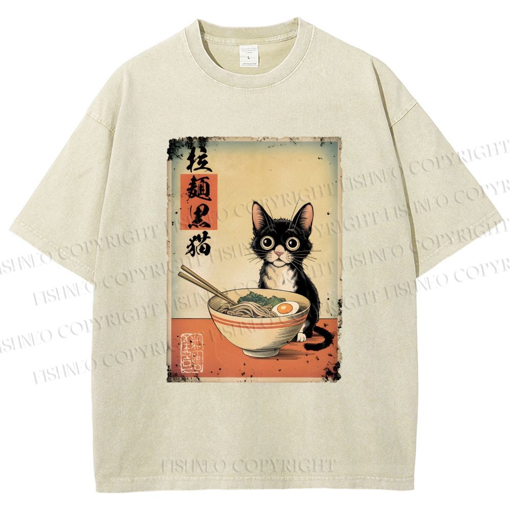 Unisex Ramen Black Cat Printed Washed Tee