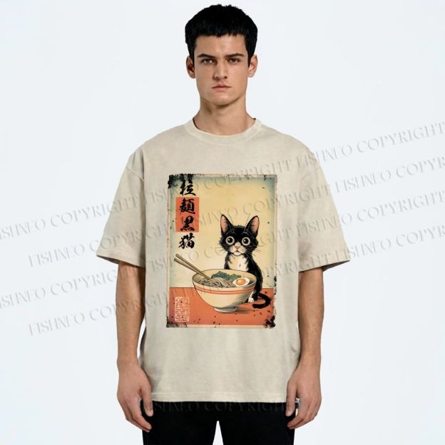 Unisex Ramen Black Cat Printed Washed Tee