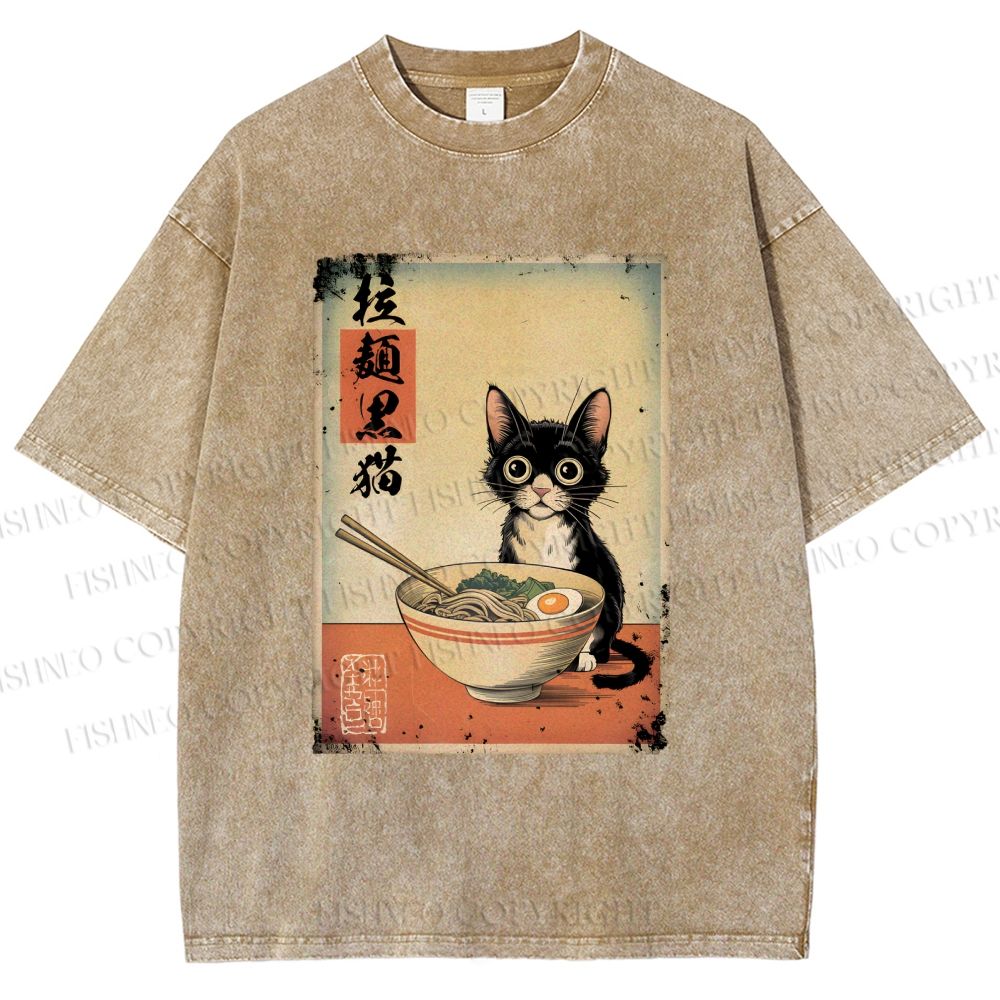 Unisex Ramen Black Cat Printed Washed Tee
