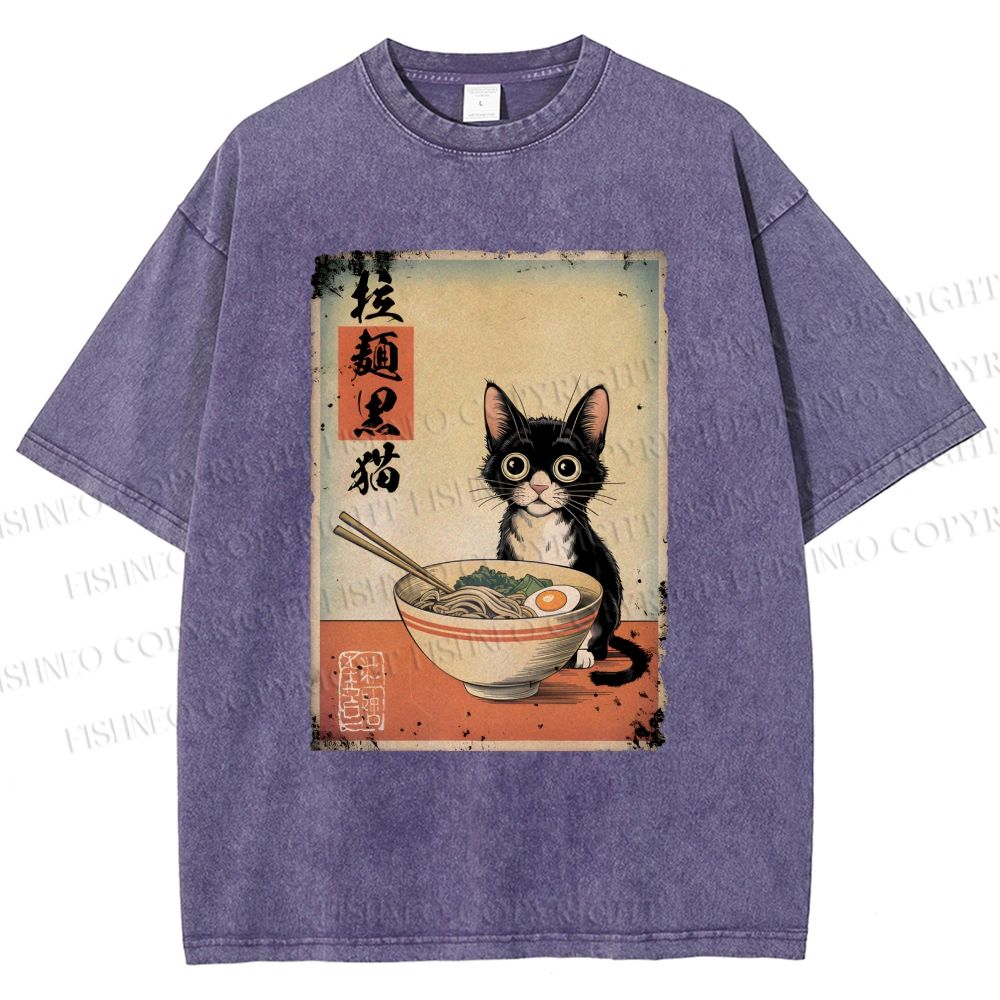 Unisex Ramen Black Cat Printed Washed Tee