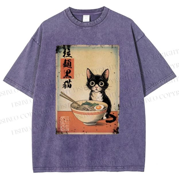 Unisex Ramen Black Cat Printed Washed Tee