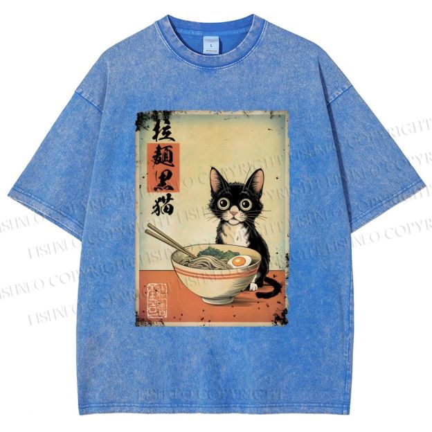 Unisex Ramen Black Cat Printed Washed Tee