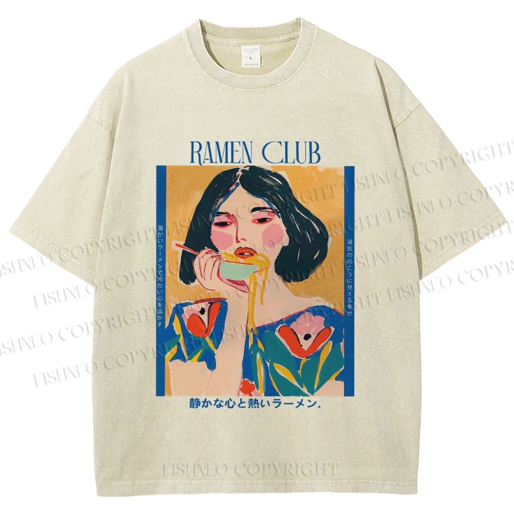 Unisex Woman in Ramen Club Printed Washed Tee