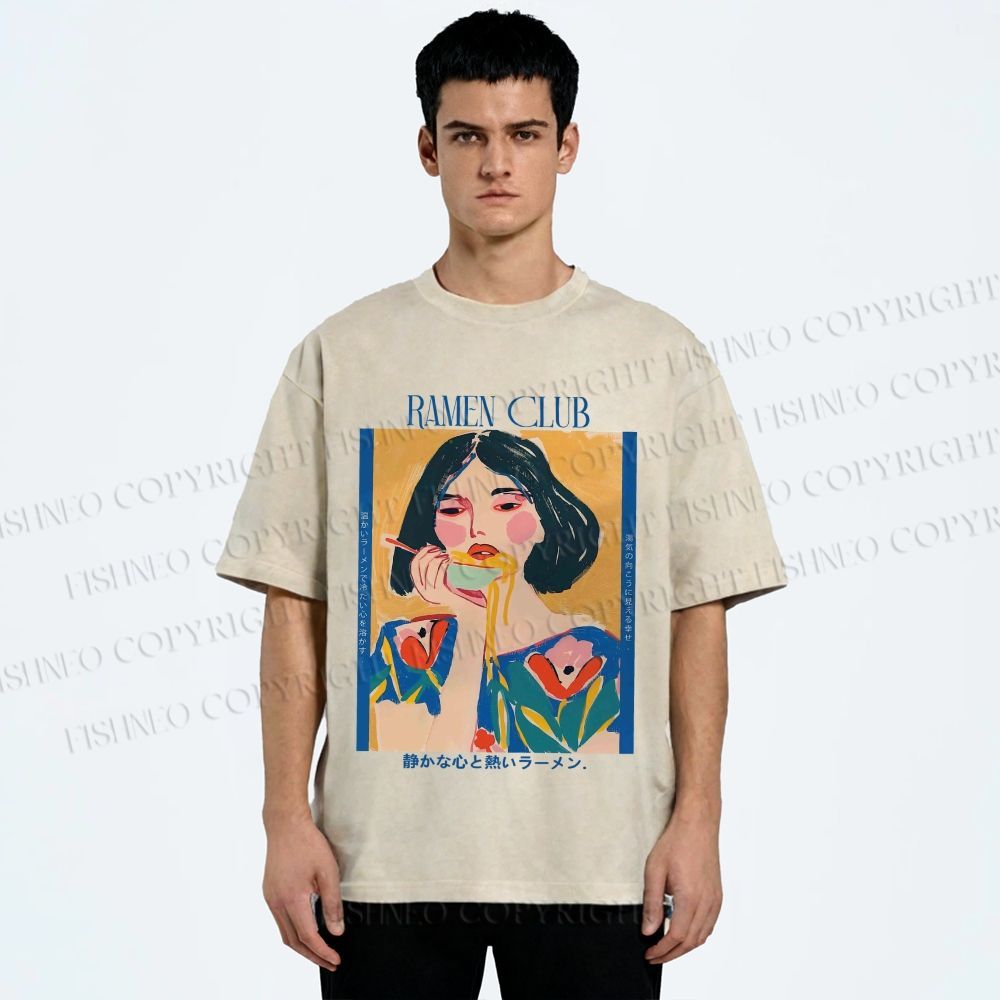 Unisex Woman in Ramen Club Printed Washed Tee