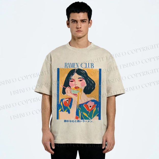 Unisex Woman in Ramen Club Printed Washed Tee