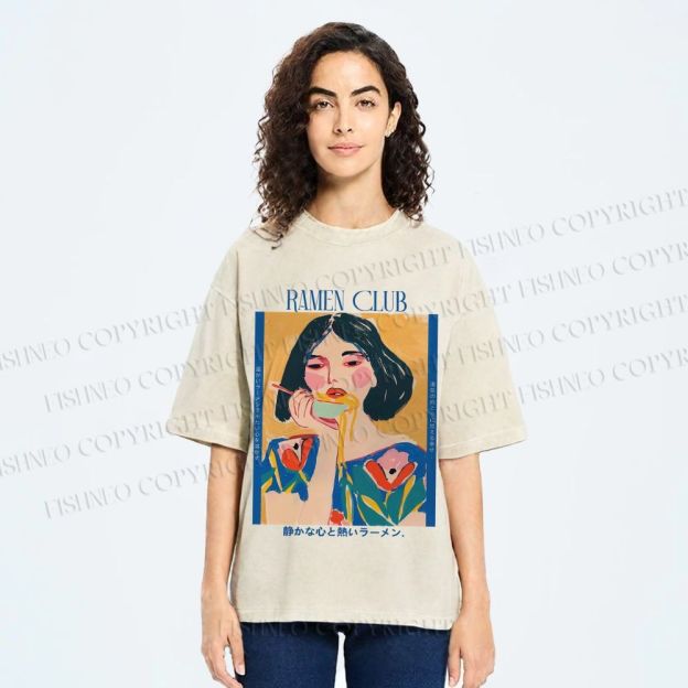 Unisex Woman in Ramen Club Printed Washed Tee
