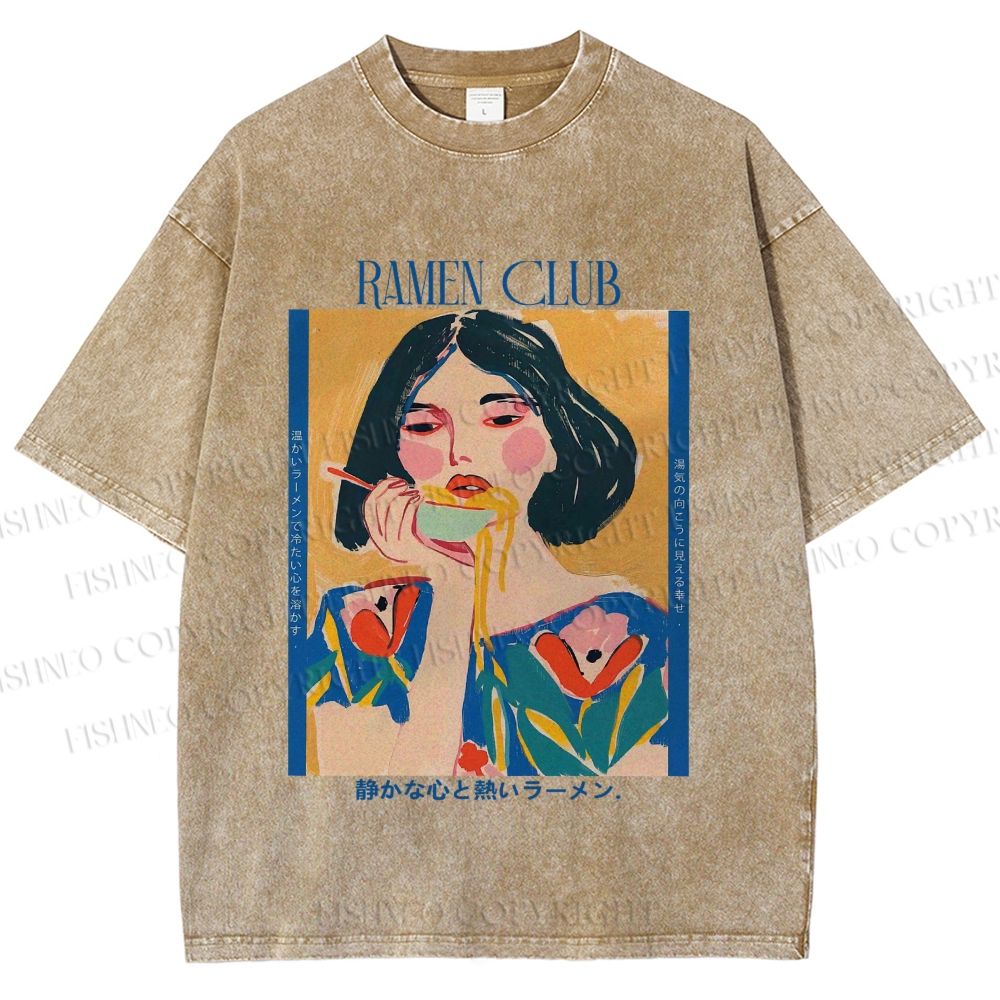 Unisex Woman in Ramen Club Printed Washed Tee