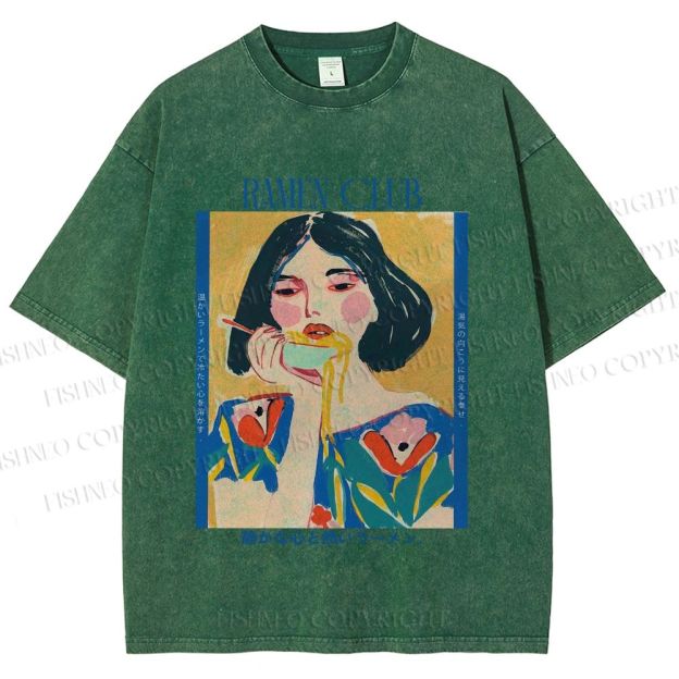 Unisex Woman in Ramen Club Printed Washed Tee
