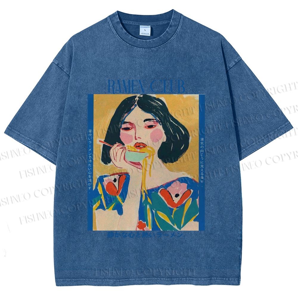 Unisex Woman in Ramen Club Printed Washed Tee