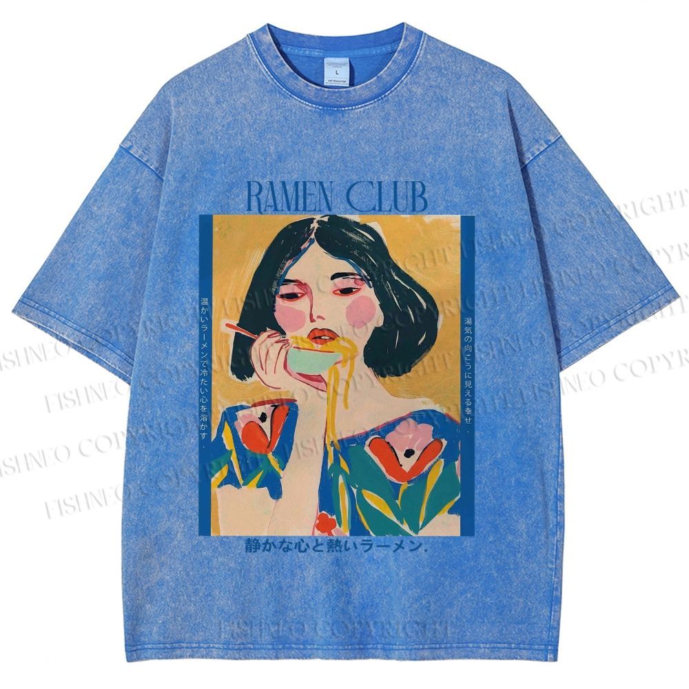 Unisex Woman in Ramen Club Printed Washed Tee