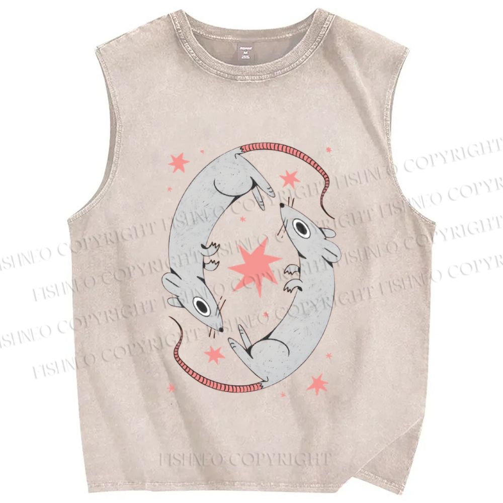 Unisex Rats With Star Printed Washed Tank Top