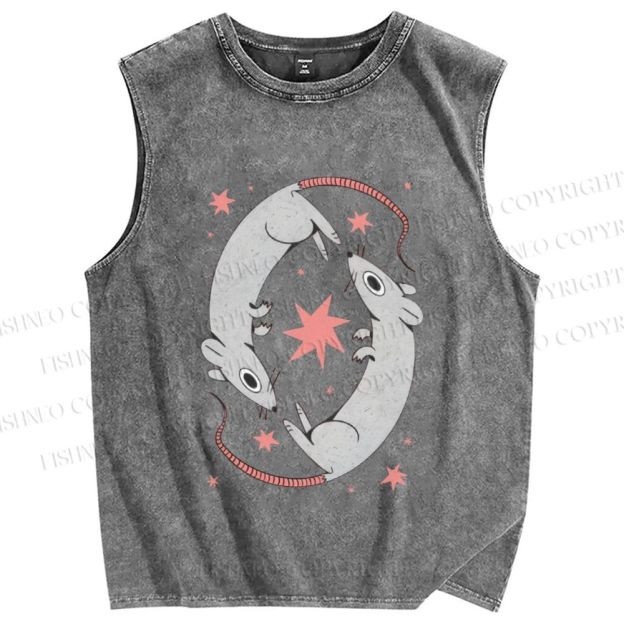 Unisex Rats With Star Printed Washed Tank Top