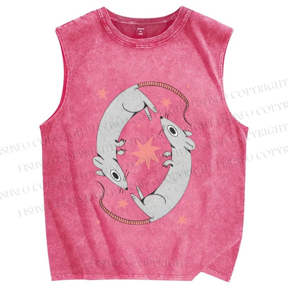 Unisex Rats With Star Printed Washed Tank Top