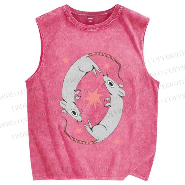Unisex Rats With Star Printed Washed Tank Top