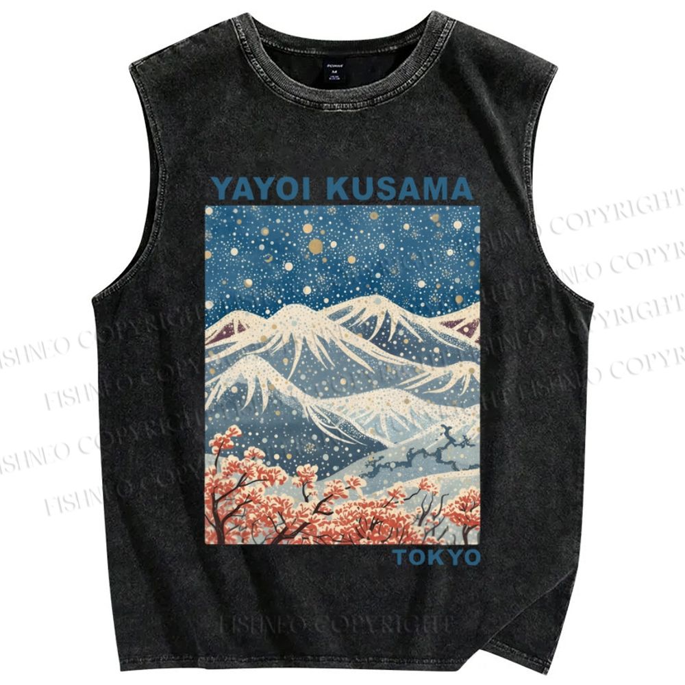 Unisex Yayoi Kusama Snowing Mount Fuji Printed Washed Tank Top