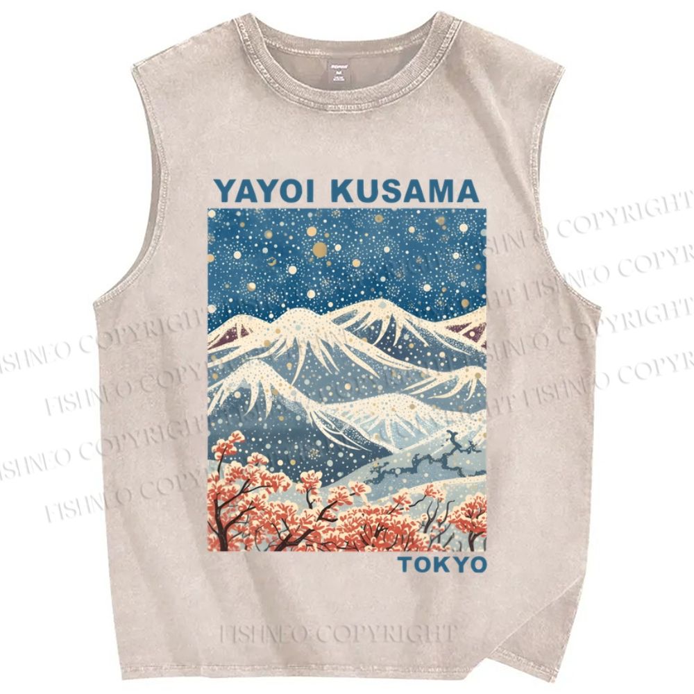 Unisex Yayoi Kusama Snowing Mount Fuji Printed Washed Tank Top