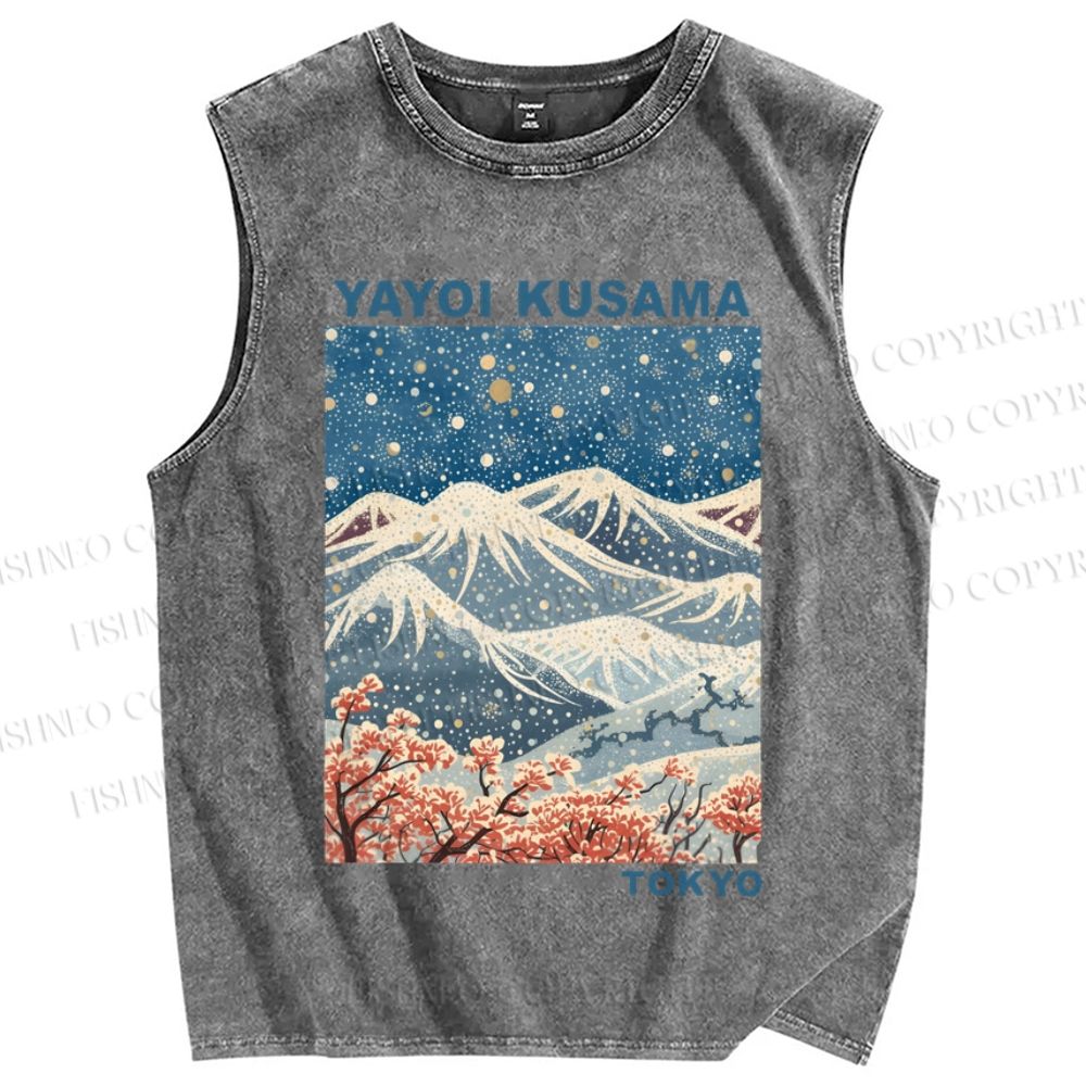 Unisex Yayoi Kusama Snowing Mount Fuji Printed Washed Tank Top
