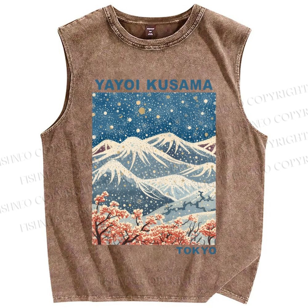 Unisex Yayoi Kusama Snowing Mount Fuji Printed Washed Tank Top