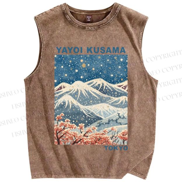 Unisex Yayoi Kusama Snowing Mount Fuji Printed Washed Tank Top