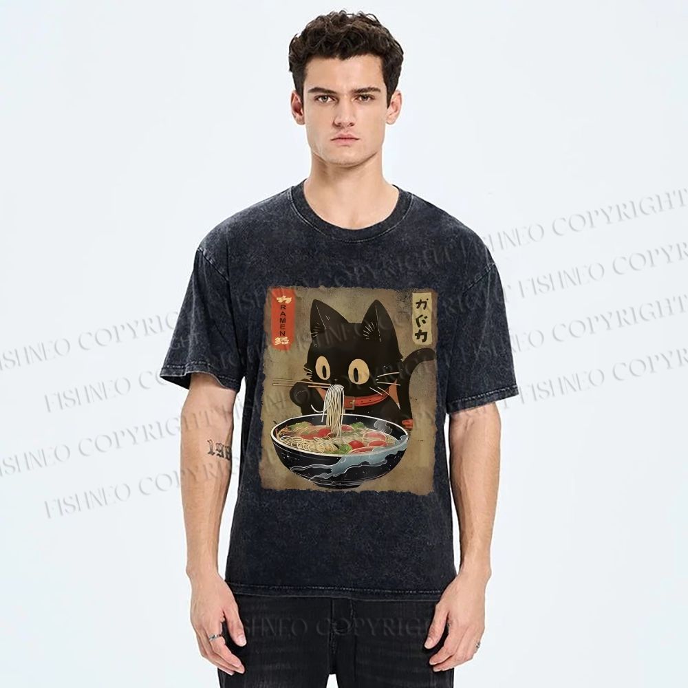 Unisex Japanese Vintage Ramen Cat  Printed Washed Tee