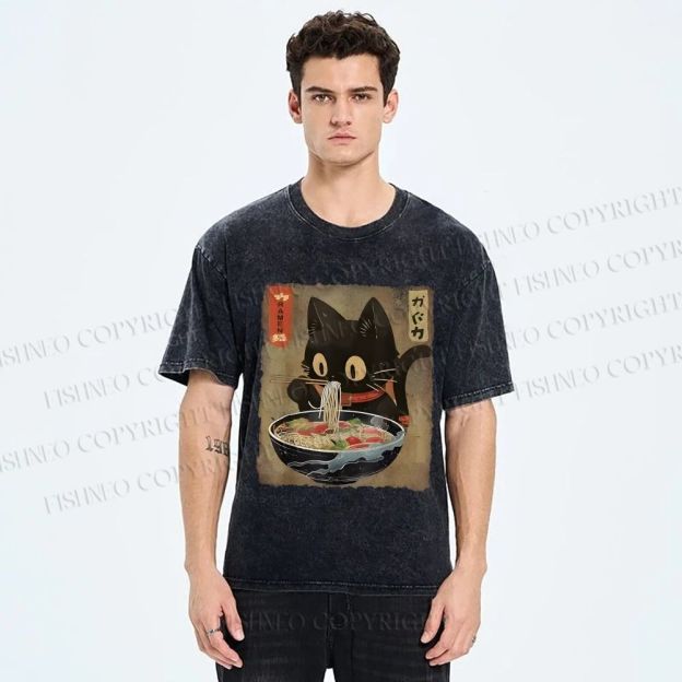 Unisex Japanese Vintage Ramen Cat  Printed Washed Tee