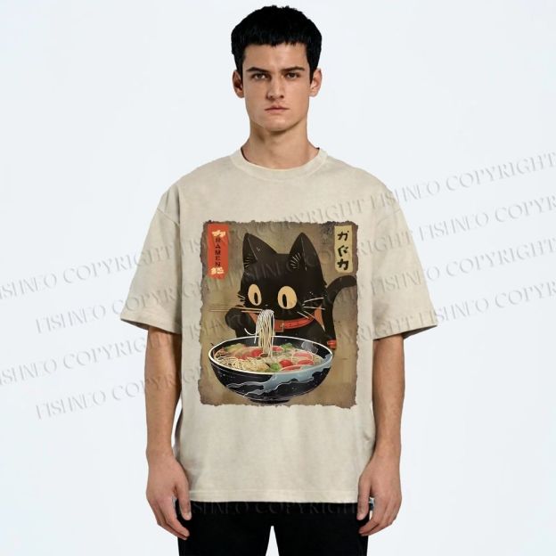 Unisex Japanese Vintage Ramen Cat  Printed Washed Tee