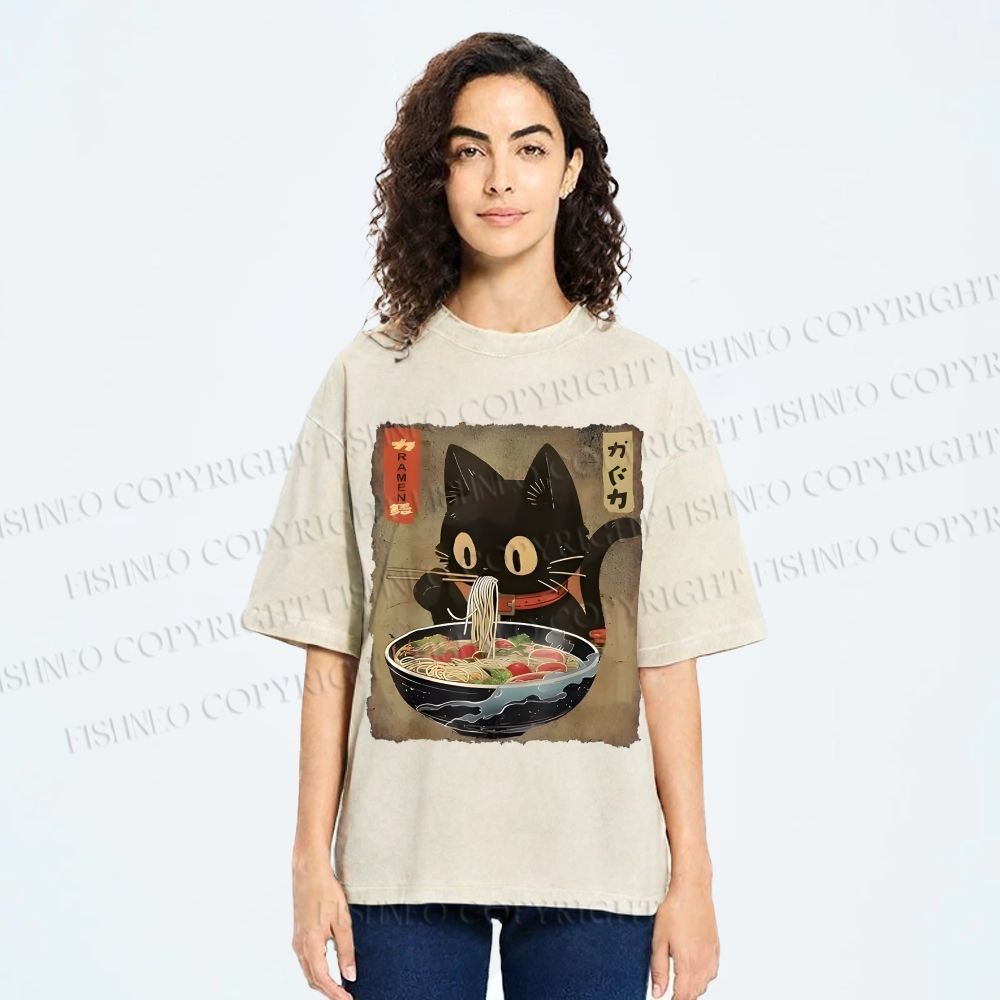 Unisex Japanese Vintage Ramen Cat  Printed Washed Tee