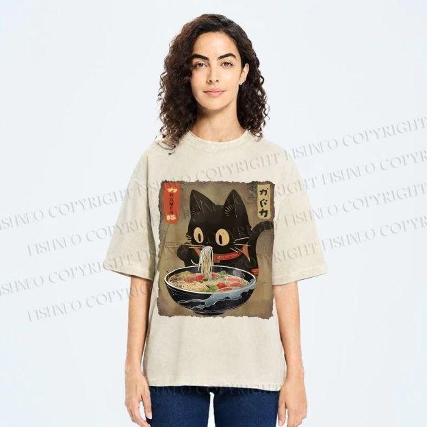 Unisex Japanese Vintage Ramen Cat  Printed Washed Tee