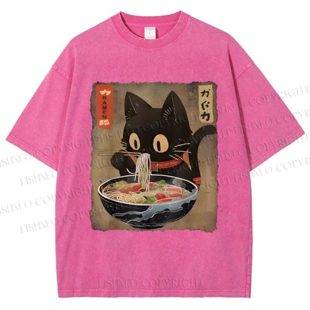 Unisex Japanese Vintage Ramen Cat  Printed Washed Tee