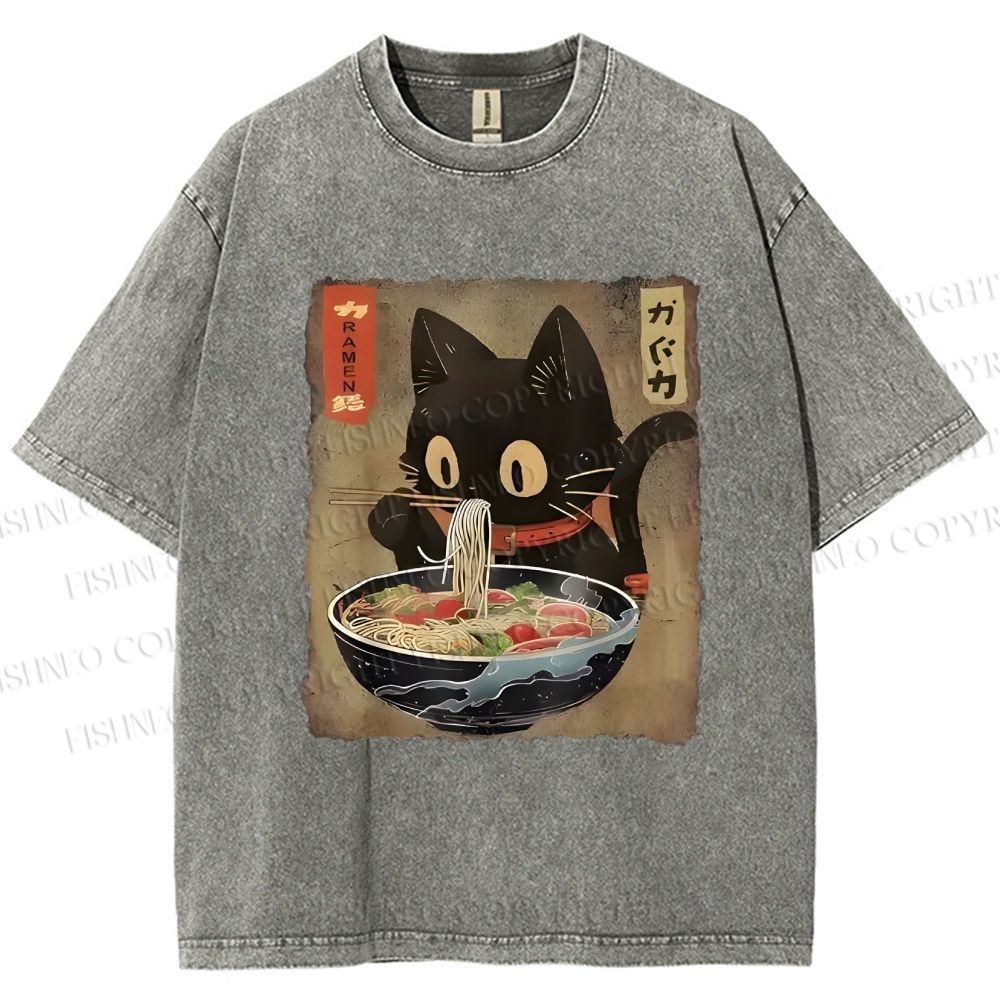Unisex Japanese Vintage Ramen Cat  Printed Washed Tee