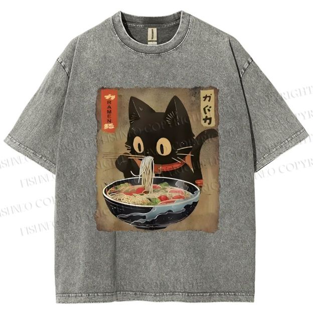 Unisex Japanese Vintage Ramen Cat  Printed Washed Tee