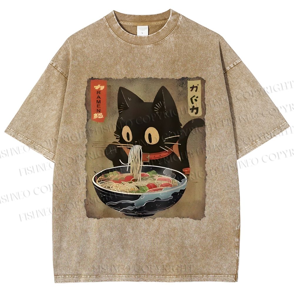 Unisex Japanese Vintage Ramen Cat  Printed Washed Tee