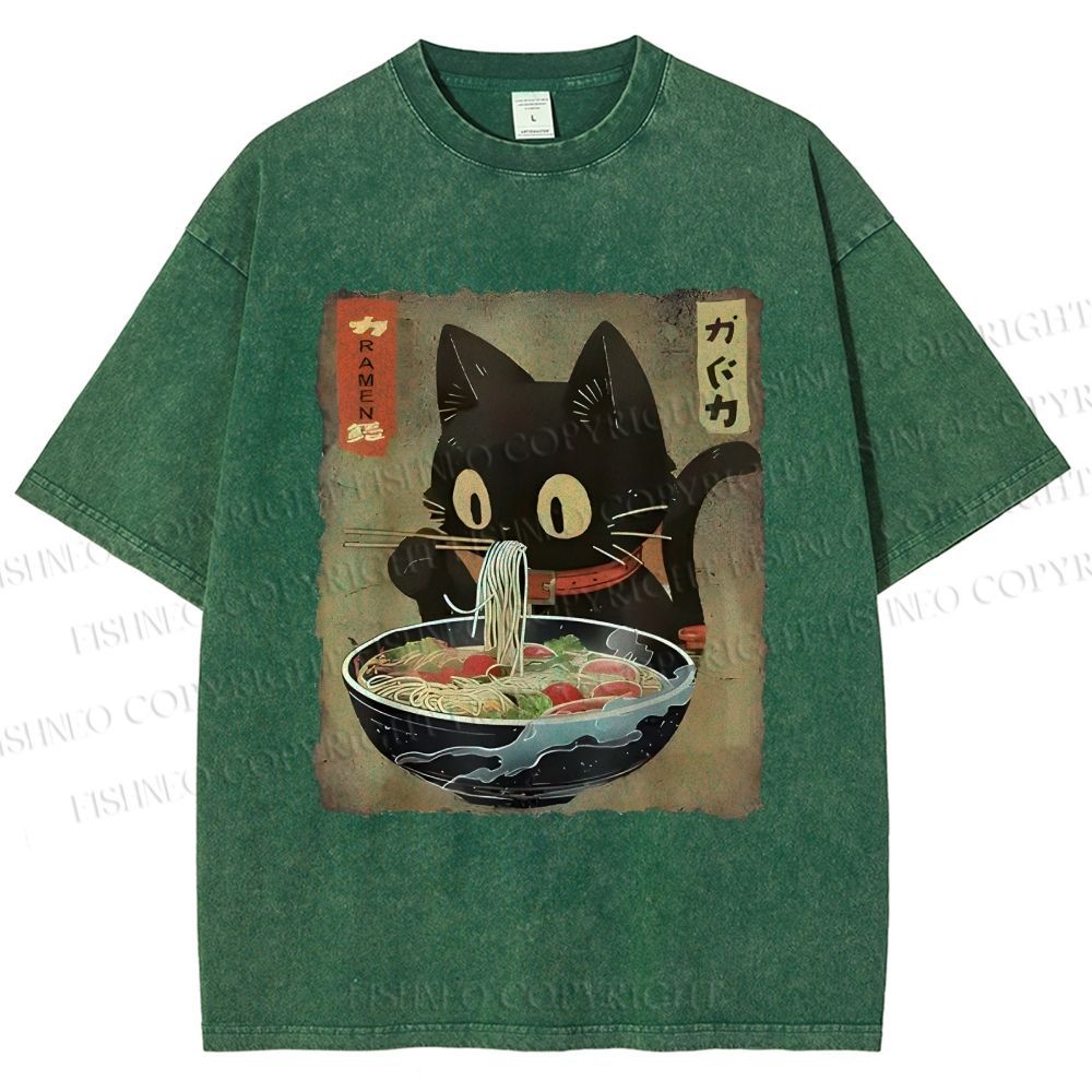Unisex Japanese Vintage Ramen Cat  Printed Washed Tee