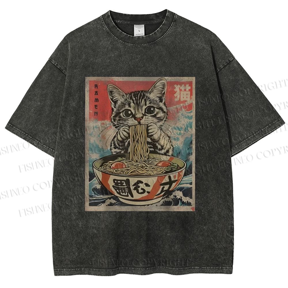 Unisex Japanese Vintage Ramen Cat Printed Washed Tee