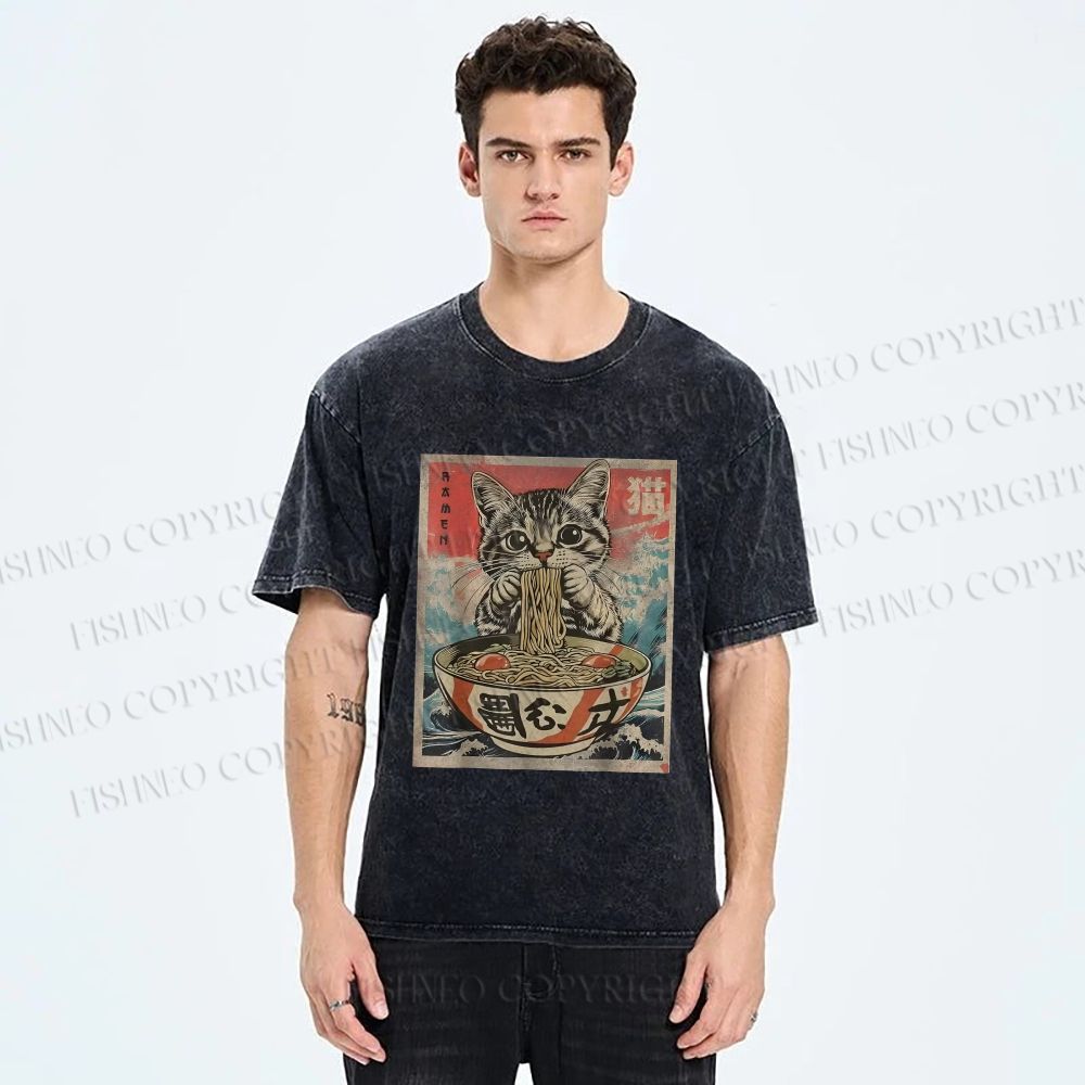 Unisex Japanese Vintage Ramen Cat Printed Washed Tee