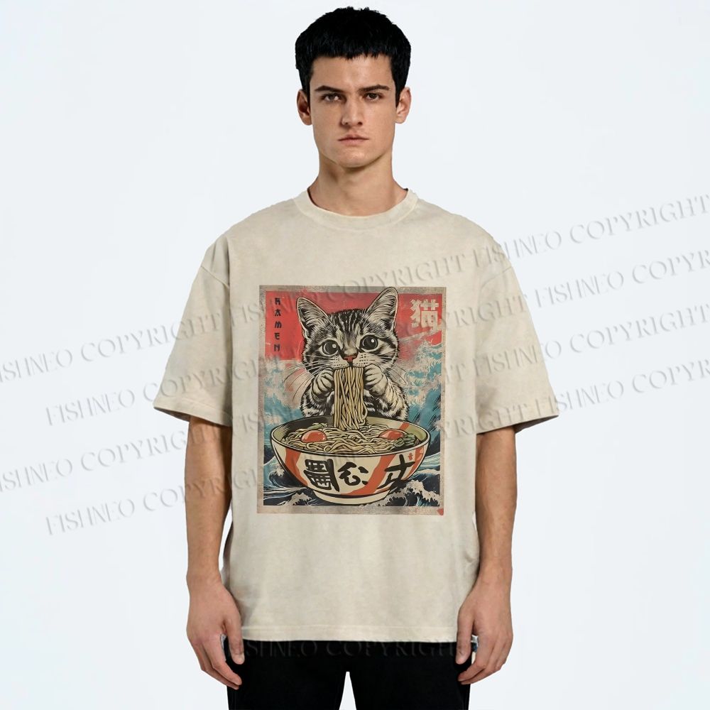 Unisex Japanese Vintage Ramen Cat Printed Washed Tee