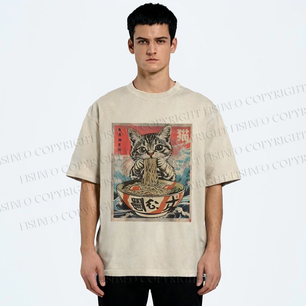 Unisex Japanese Vintage Ramen Cat Printed Washed Tee