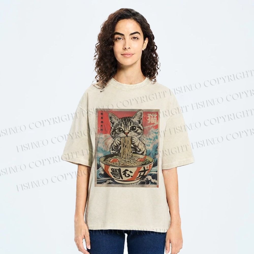 Unisex Japanese Vintage Ramen Cat Printed Washed Tee