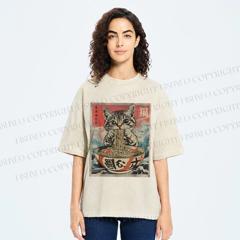 Unisex Japanese Vintage Ramen Cat Printed Washed Tee
