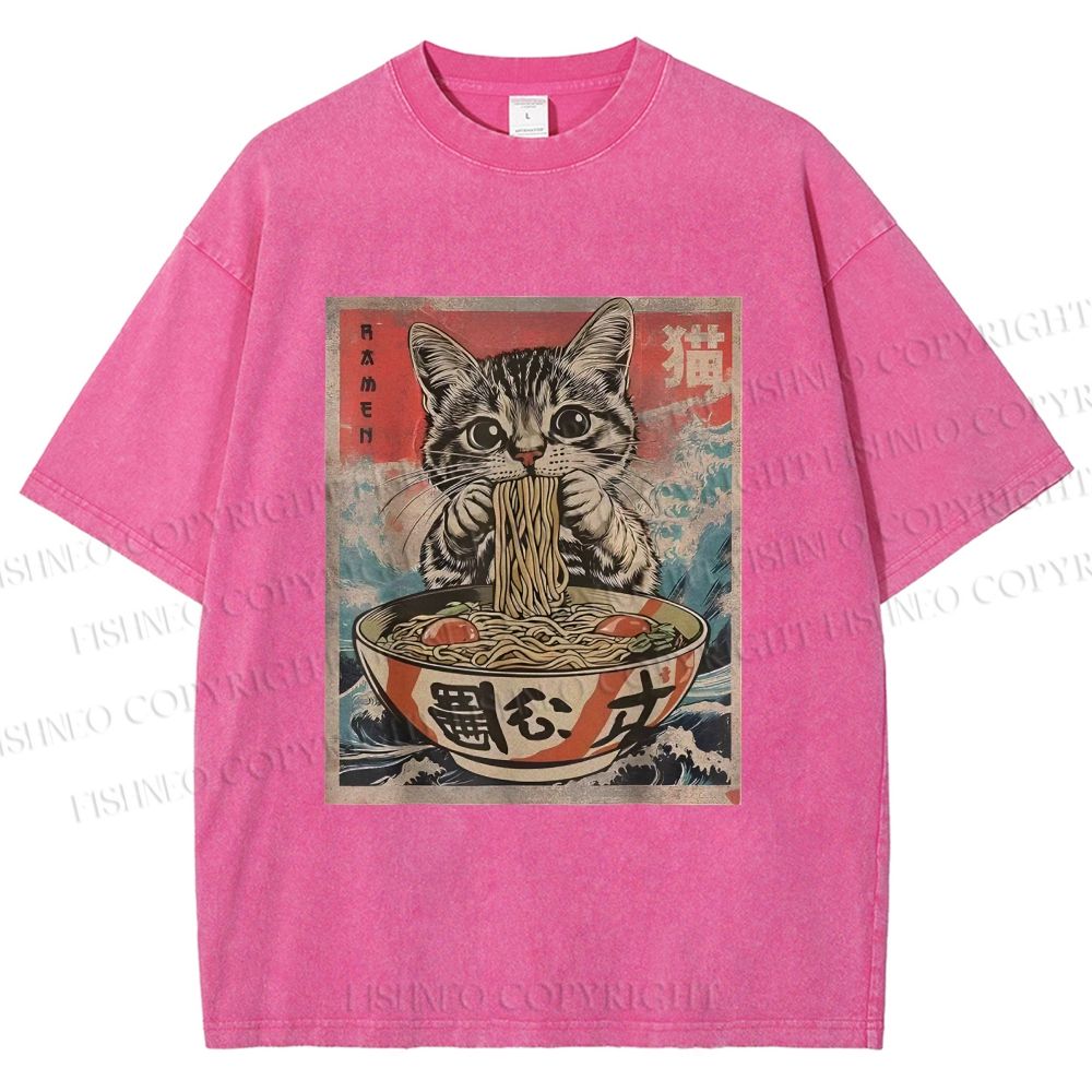 Unisex Japanese Vintage Ramen Cat Printed Washed Tee