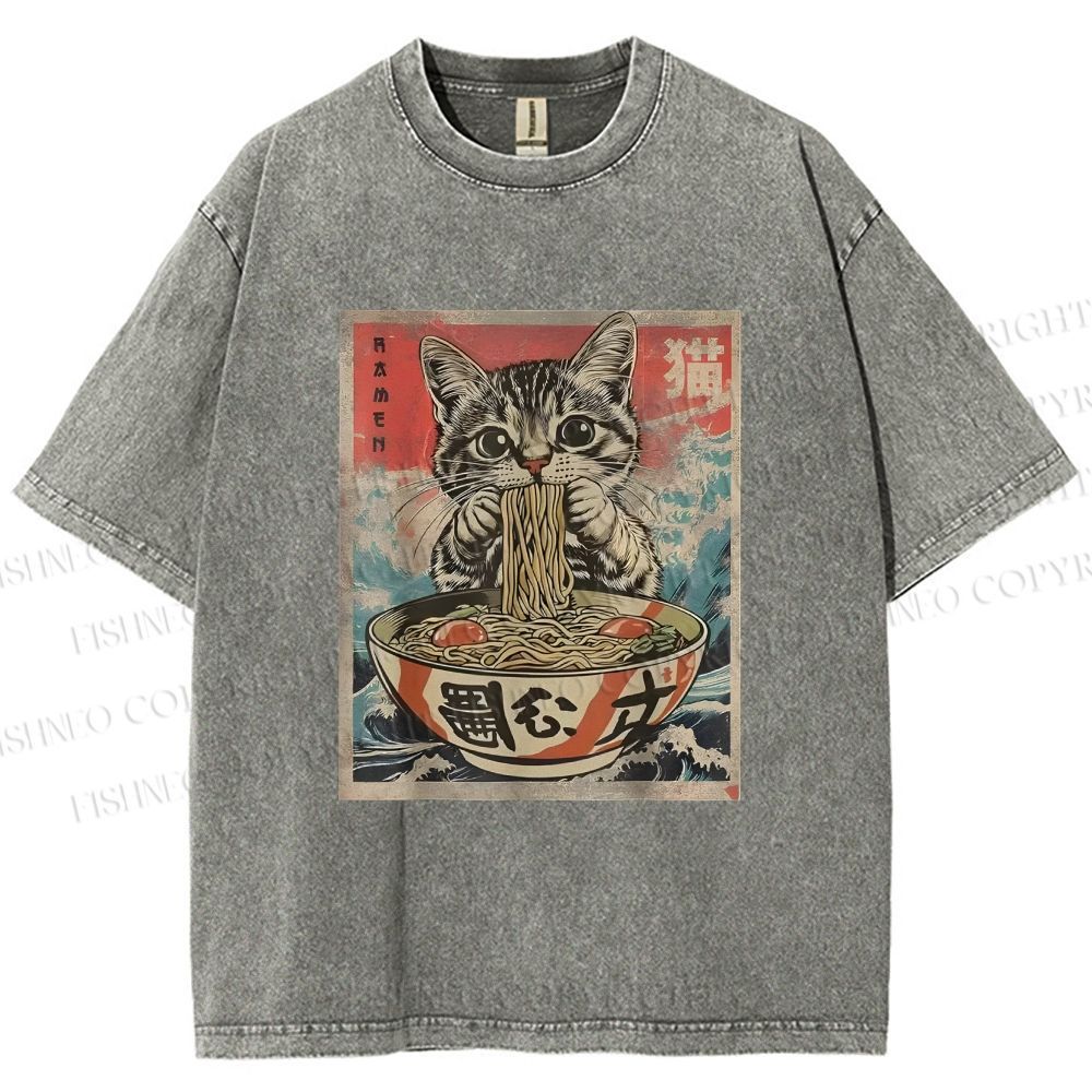 Unisex Japanese Vintage Ramen Cat Printed Washed Tee
