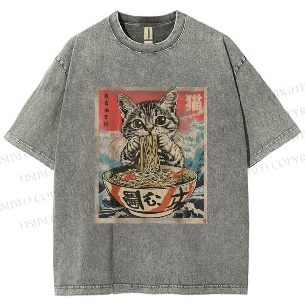 Unisex Japanese Vintage Ramen Cat Printed Washed Tee
